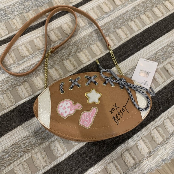 Betsey Johnson Handbags - Betsey Johnson Brown Football-Shaped Crossbody Bag with Patches